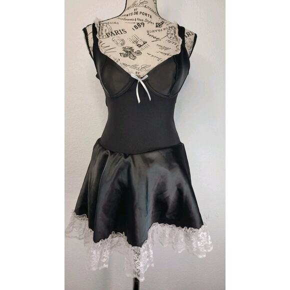 Frederick's Of Hollywood Vtg Black Satin Gothic Maid Size Small Mini Dress - Picture 2 of 9